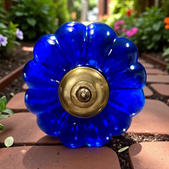 Vintage Cobalt Blue Hundi Glass Lantern-23'' Brass-Bell Pendant Hanging Light - Picture 5 of 13